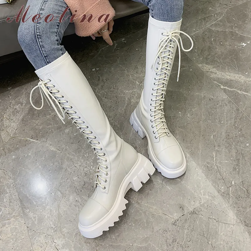 

Meotina Platform High Heel Women Boots Real Leather Knee High Boots Zip Thick Heel Long Boots Lace Up Ladies Shoes Autumn Winter