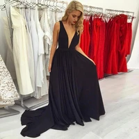 sexy plunge neck long prom dresses simple style formal dresses with train high quality plus size vestido de custom made cheap