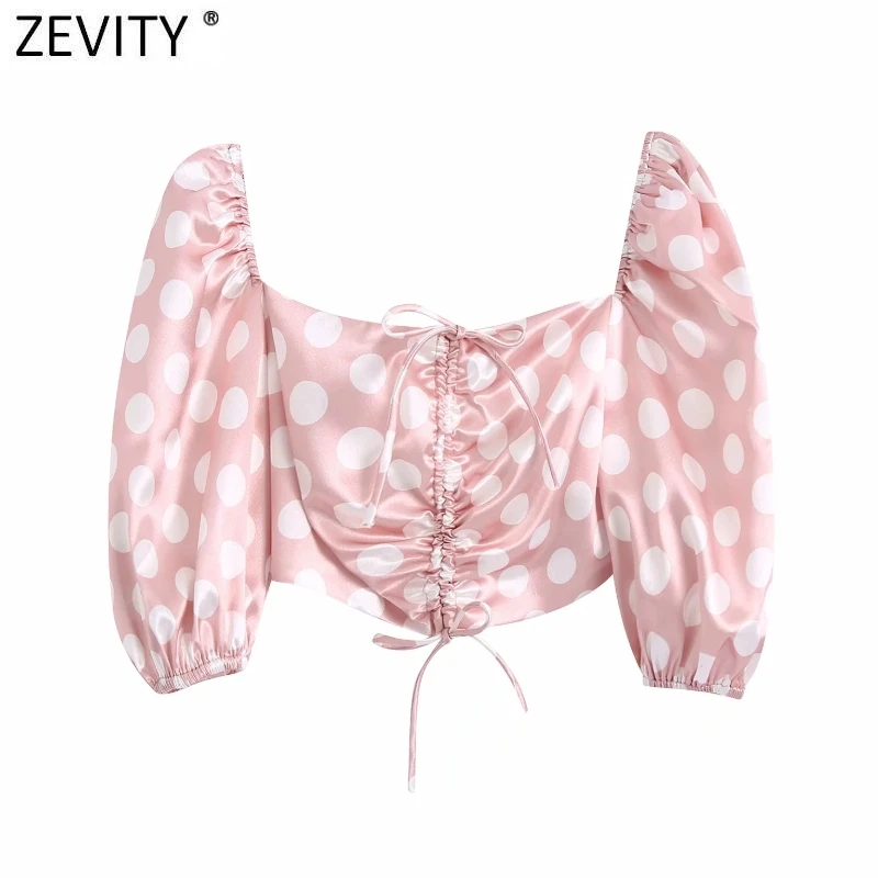 

Zevity 2021 Women Sexy V Neck Polka Dots Satin Short Smock Blouse Female Drawstring Lace Up Shirts Chic Crop Blusas Tops LS7690