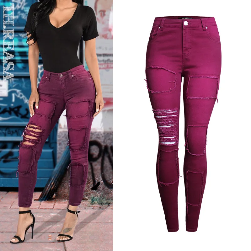 Spring and Autumn Fashion Pencil Pants Elastic Slim Wine Red Women's Pants with Holes and Patchwork Solid Color Leggings