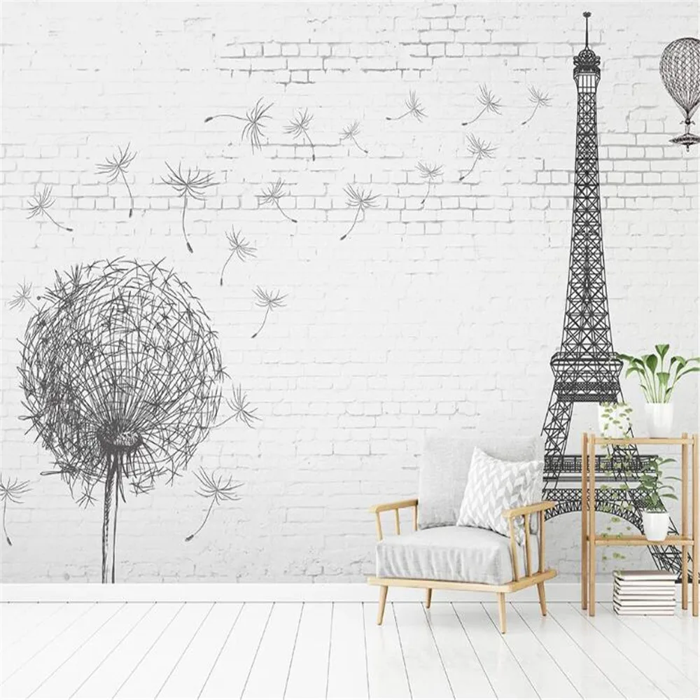 

Milofi manufacturers custom wallpaper mural 3d Eiffel Tower black and white brick background wall