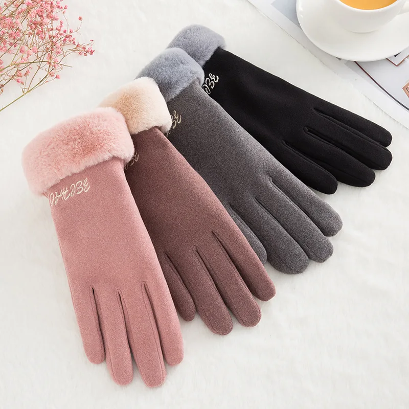 

Plus Velvet gloves winter Wrist Mouth Gloves Thickening Solid Color Full Finger Gloves Touch Screen Gloves Double Layer Faux Fur