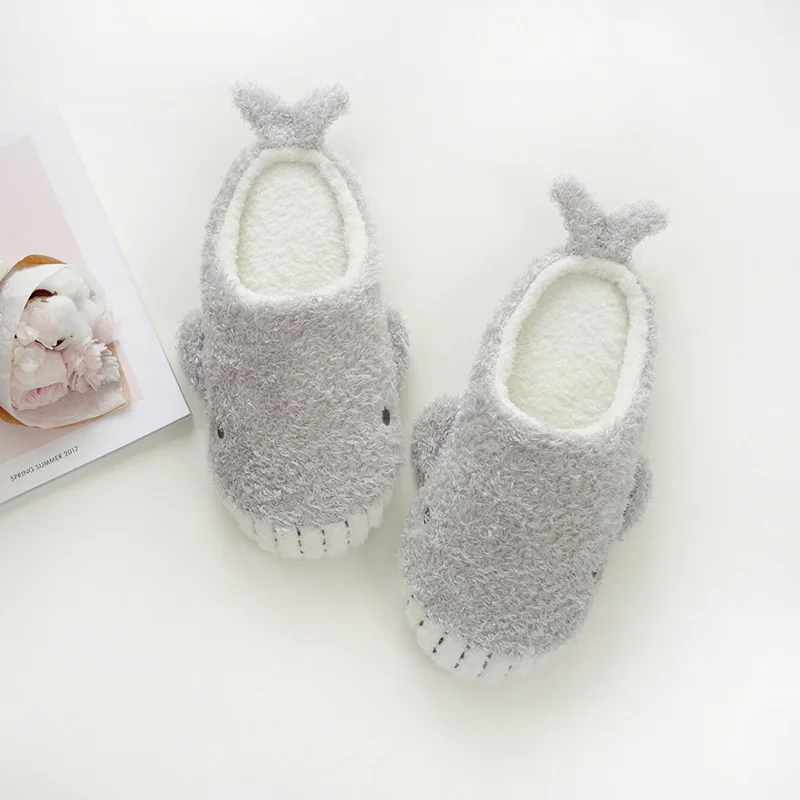 

Kawaii Gray Whale Home Slides Autumn Winter Women Cartoon Animal Warm Indoor Non-Slip Plush Shoes Girl Soft Flat Cotton Slippers