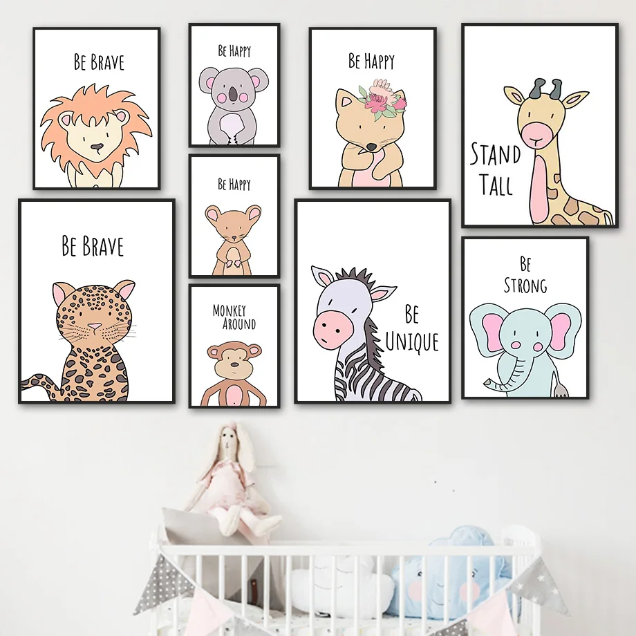 

Cartoon Koala Zebra Lion Giraffe Elephant Fox Wall Art Canvas Painting Nordic Posters And Prints Wall Pictures Kids Room Decor