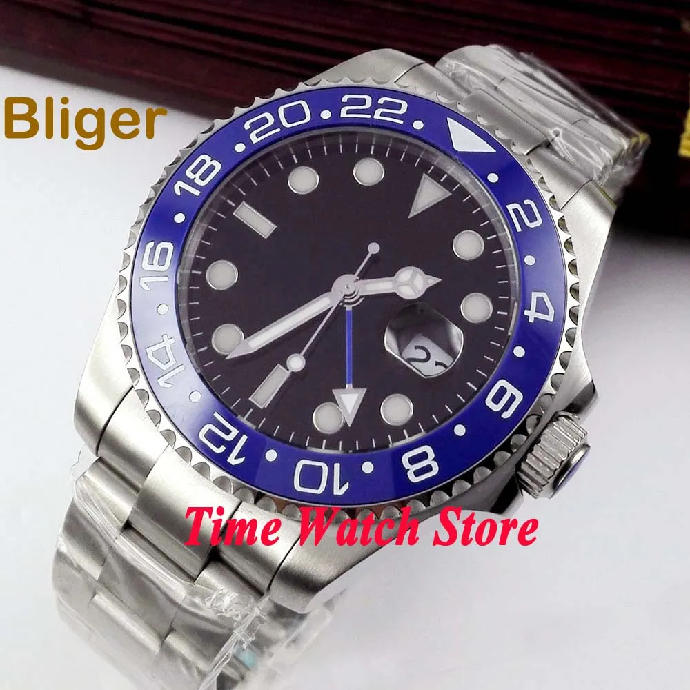 Bliger 43 мм GMT черный стерильный циферблат светящийся водонепроницаемый синий