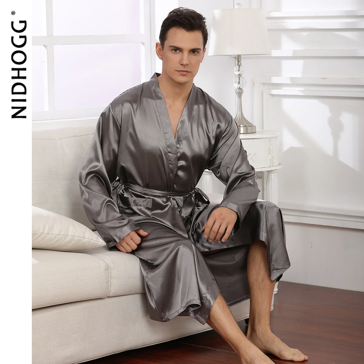 

Mens Solid-colored Gown Thin Cardigan Dressing Gown Loose Long-sleeved Robes Satin Bathrobe V-Neck Luxury Long Robe Clothing