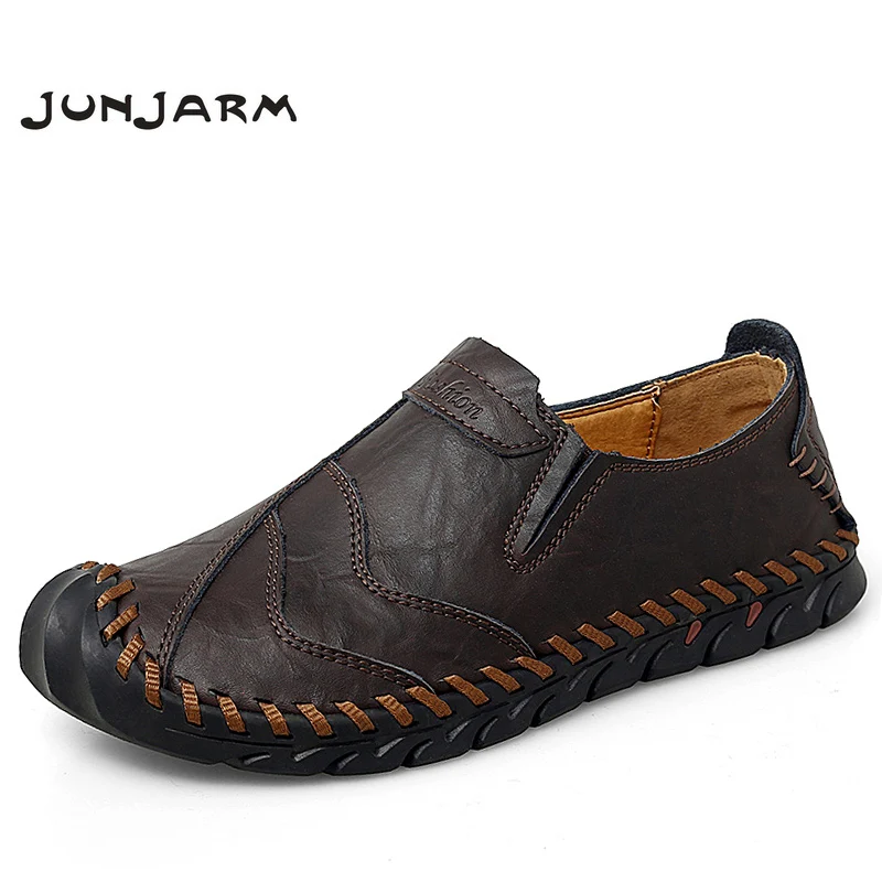

JUNJARM Handmade Men Loafers Soft Moccasins High Quality Men Casual Shoes Split Leather Shoes Men Flats Shoes Plus Size 38-47