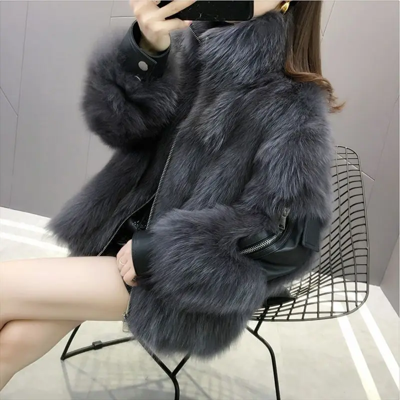 

2020 Leather Faux Mink Fashion Furs Fur Loose Coat For Female Parka Women Short Thickening Overcoat Fourrure Femme Rabbit Furry