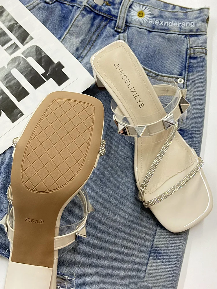 

Glitter Slides Shoes Woman's Slippers Rivet Heeled Mules Lady Square heel Fashion Black Sandals Platform Jelly 2021 High Girl Fl