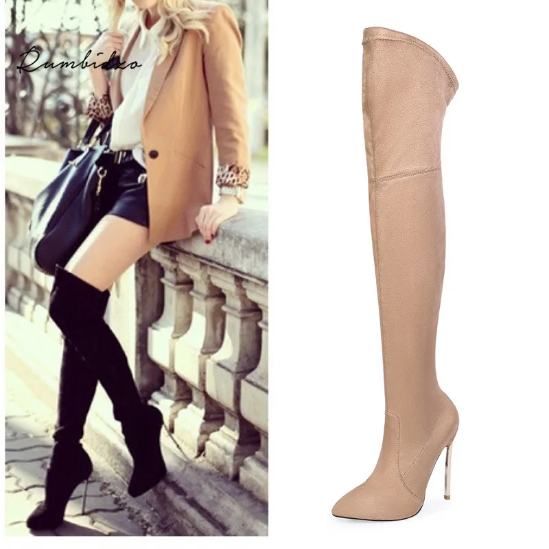 

Rumbidzo Women Boots Autumn Winter Slim Thigh High Boots Stretch Faux Suede Over the Knee Boots High Heels Plus Size 43