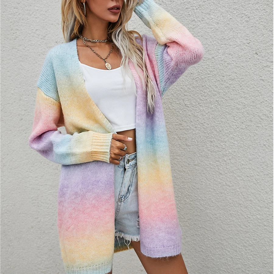

Women Sweater Rainbow Iong Sleeve Top y2k Fashion Autumn And Winter Womens Tie-dye Mid-length Cardigan Knitted Sweaters Jacket