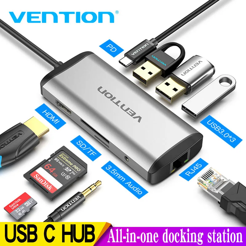 Tions USB C HUB Typ-C zu 4K HDMI RJ45 VGA USB 3,0 HUB Dock für MacBook Pro huawei Mate 30 USB-C 3,1 Splitter Port USB-C HUB