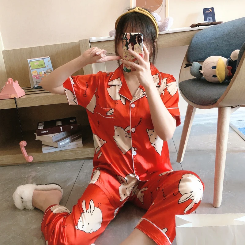 

2020 Summer Short Sleeved Women Pajamas Set New Listing woman Home Wear Long Pant Pyjamas Sets silk satin Leisure Sleepwear Set