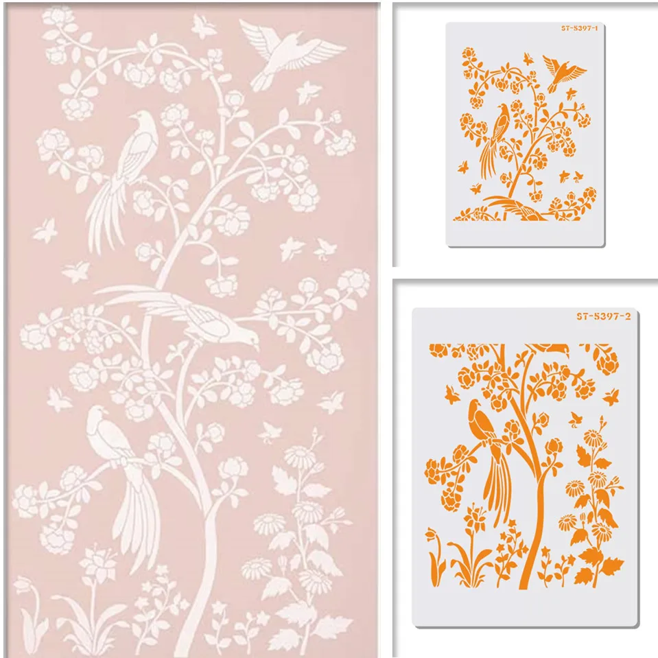 

2pcs/set Birds&Flower Cake Stencil Chinoiserie Wall Stencils for DIY Home Decor Scrapbooking Painting Drawing Stencils Template