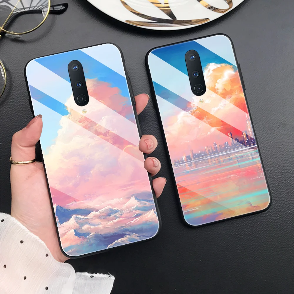 hand painted sky phone case for oneplus 9 8 pro 8t 7t 7 pro nord glass phone cases for one plus 8 8pro 17 17t 18t cover funda free global shipping