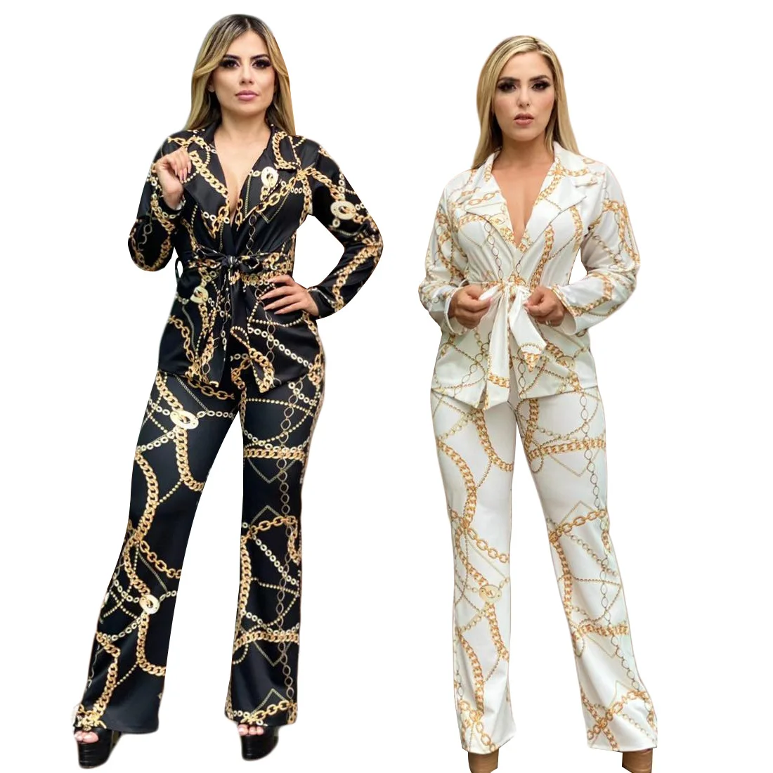 

Autumn New 2-piece Women's Fashion Suit Printed Long Sleeved Long Pants Cardigan Lace Up Jacket Set