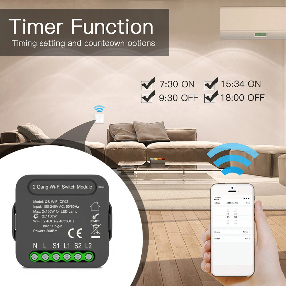 Tuya WiFi Intelligent Switch Module Electrical Appliance Conversion 2 Gang Lighting Mobilephone APP Control | Обустройство дома