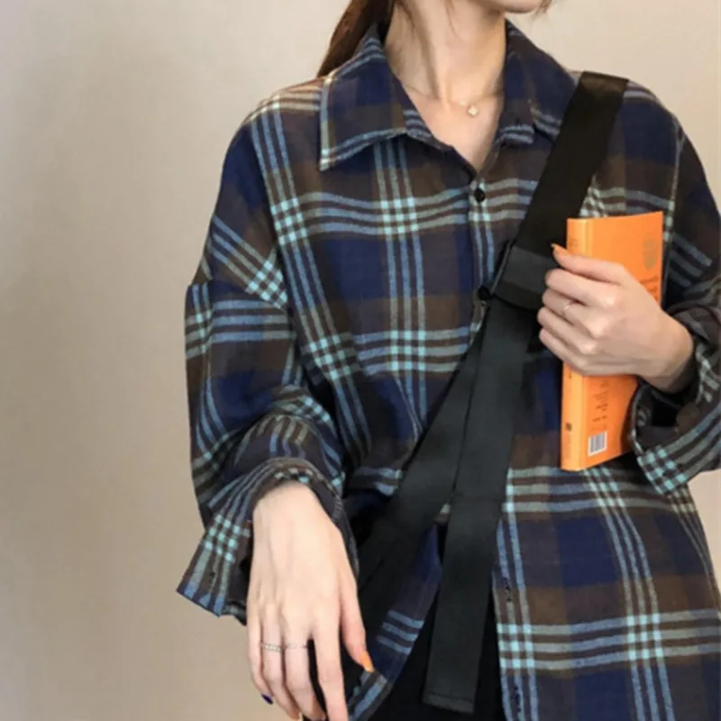 Блузка XFPV Женская в клетку шикарная свободная однобортная рубашка с длинным