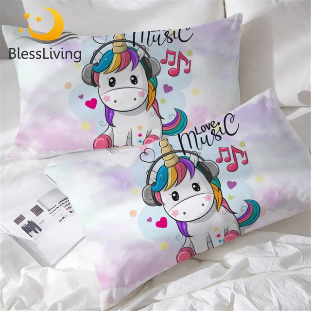 BlessLiving Lovely Unicorn Pillowcase Rainbow Hair Pillow Case Love Music Kids Cartoon Pillow Cover Colorful Hearts Bedding 1