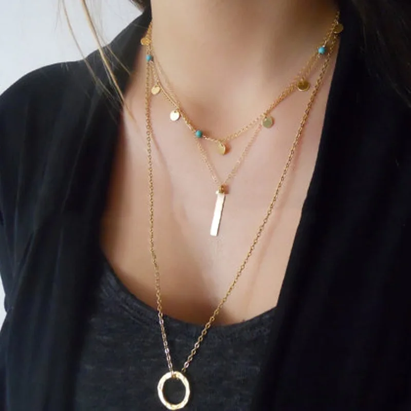 

Fashion New Round Circle Bead Metal Stick Necklace Pendant Exquisite Long Sweater Chain Necklaces for Women Collares Jewelry