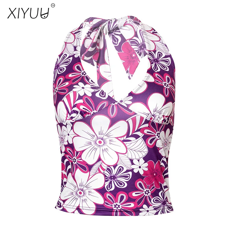 

XIYUU Summer Sexy Top Womens Backless Camisole Lacing Halter V-neck Stree Tops Printing Vest Club Party BeachWear Tank Tops