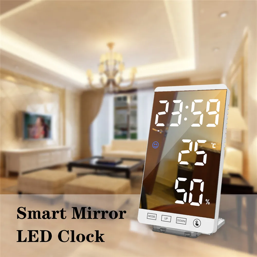 

Digital Mirror Electronic Alarm Clock LED Table Clocks Display Temperature Humidity USB Charging Adjust Brightness Touch Control