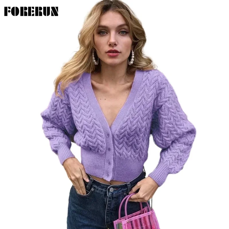 

FORERUN Knit Cardigan Sweater Women 2021 Purple Green Solid Deep V Neck Vintage Long Sleeve Crop Top Dropshipping