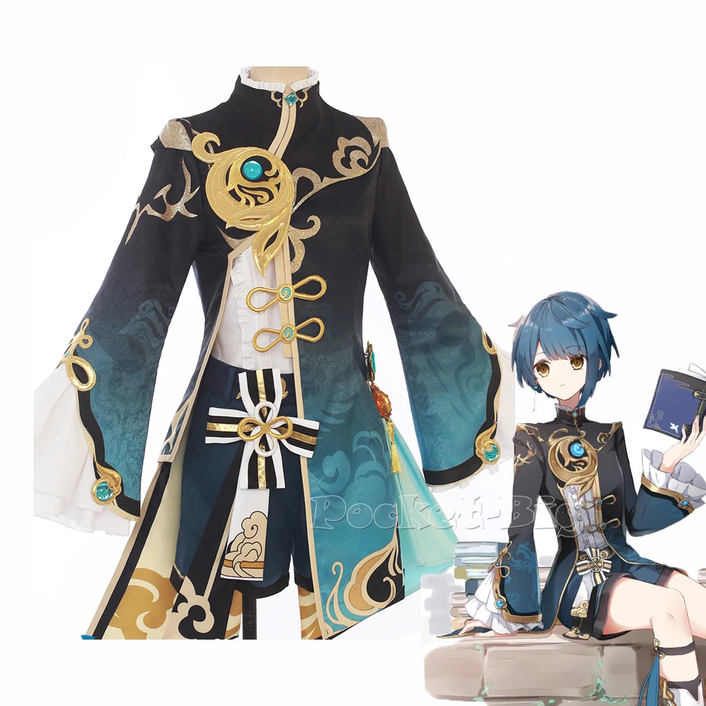 

Game Genshin Impact XingQiu Original Ver. Battle Uniform Gorgeous Outfit Anime Cosplay Costume Halloween Xingqiu Cosplay Wigs