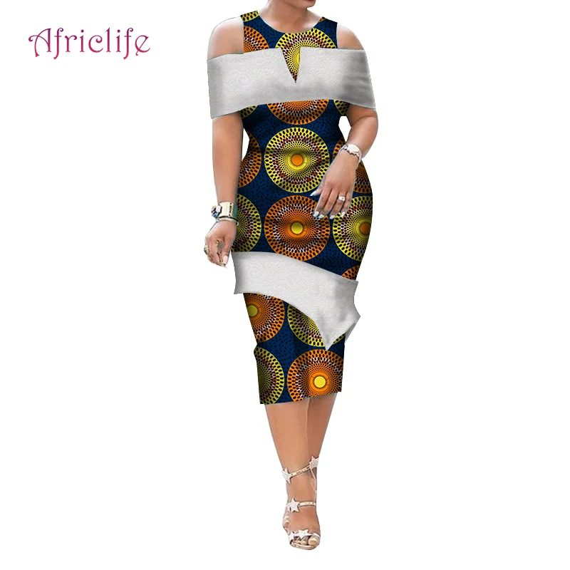 

Dashiki Print Fashion Sexy Women Clothing O-Necklace Empire Mid-Calf Skirt with Lace 2021 African Dresses for Women WY4676