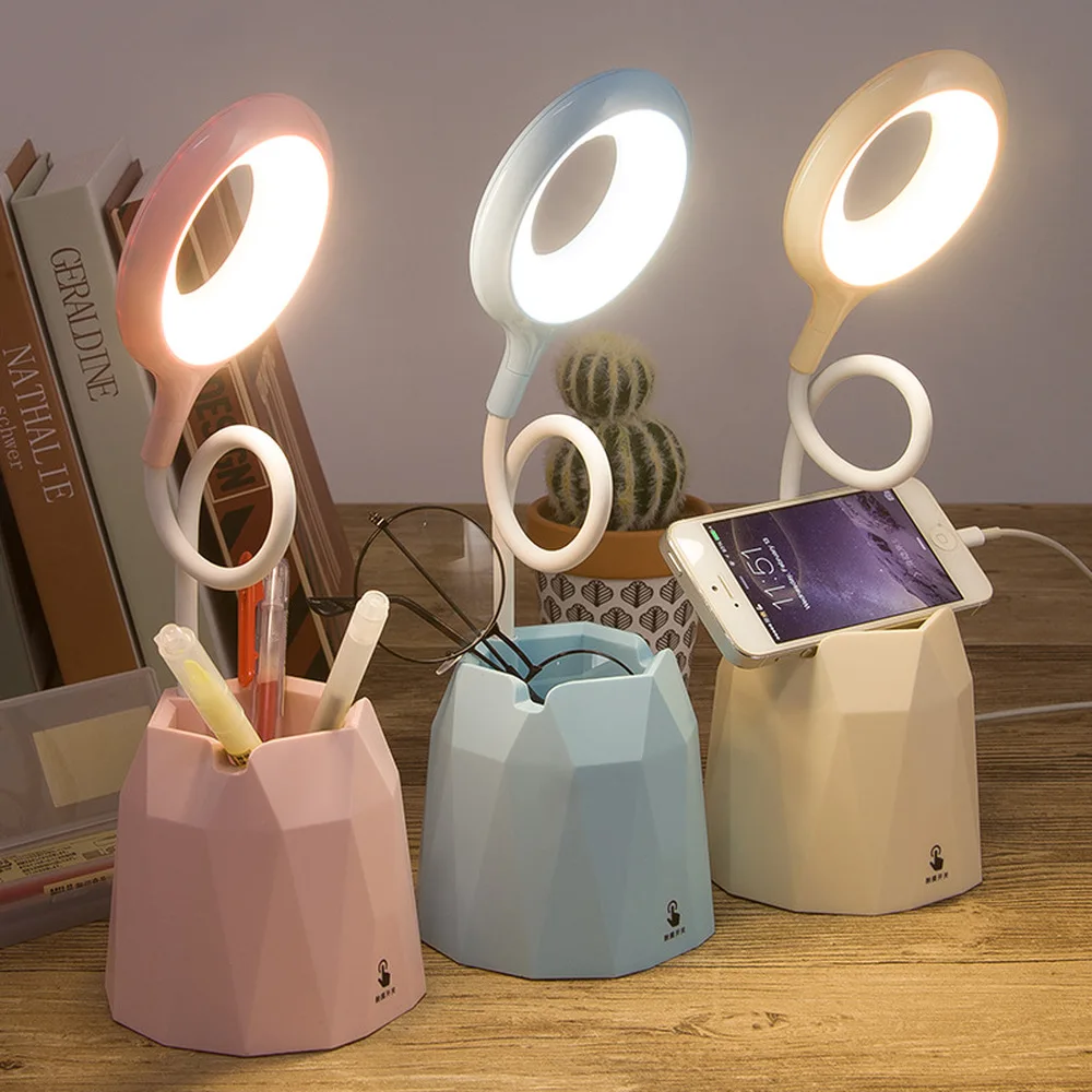 

4000mah Rechargeable Led Table Touch Lamp Desk Lamps USB Flexible Reading Ring Light for Children with Phone Hoder Pen Holder