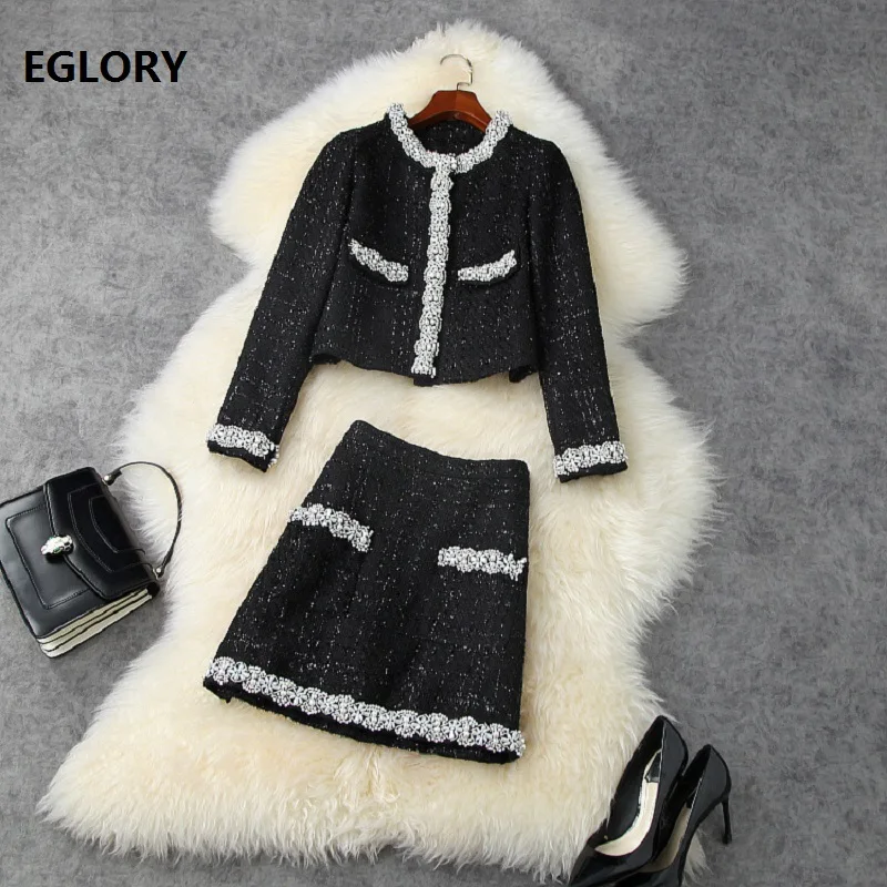 

Top Quality New Wool Suits & Sets 2020 Winter Fashion Clothing Suit Women Crystal Beading Wool Jacckets+Warm Wool Blend Skirts