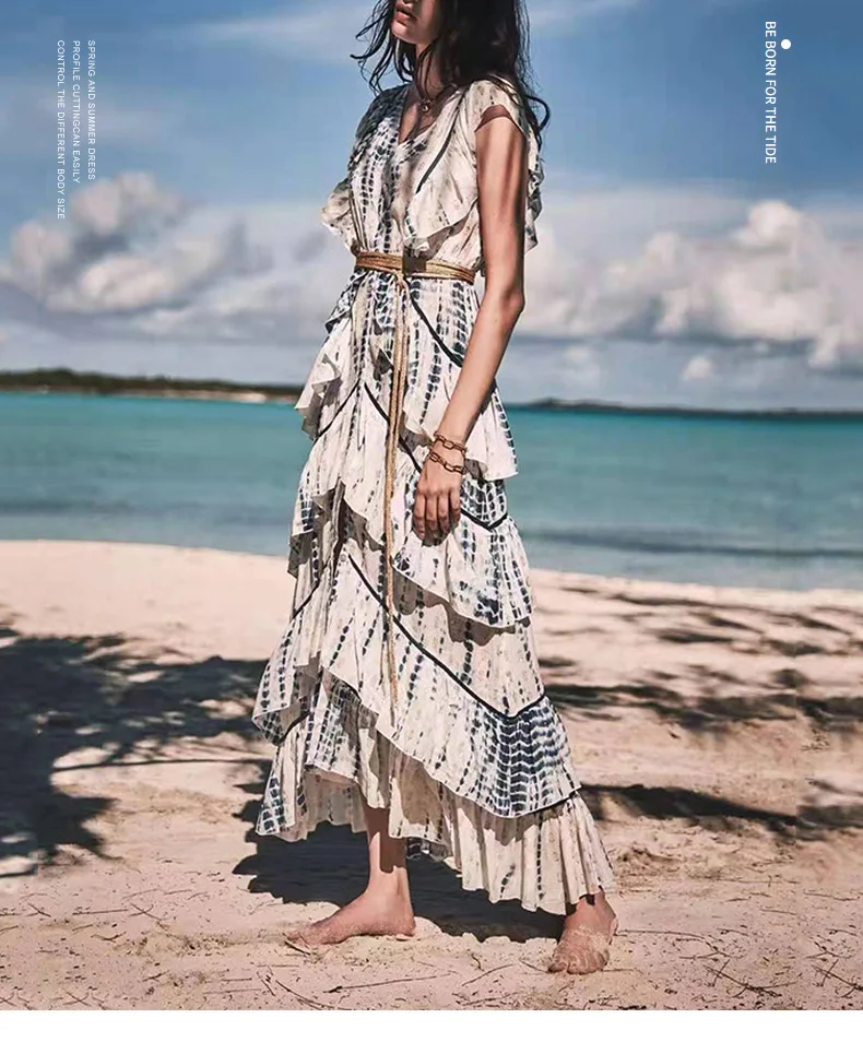 

Spring 2021 Australia Vacation Style V-neck Flounce Sleeveless Lace-up Waist-Controlled Printed Cake Dress Dress 28367