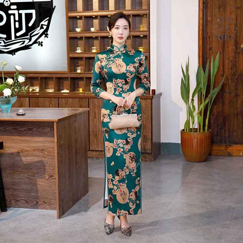 Женская Китайская одежда атласное шелковое Cheongsam китайский стиль Элегантное