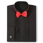 Мужская рубашка под смокинг с французскими манжетами, свадебная Классическая рубашка с длинными рукавами, складывающаяся Скрытая подкладка на груди с запонками и бантом