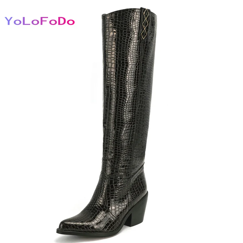 

Patent PU Leather Women Knee High Boots Square Heel Pointed Toe Women Western Boots Stone Pattern Winter Boots Plus Size 34-43