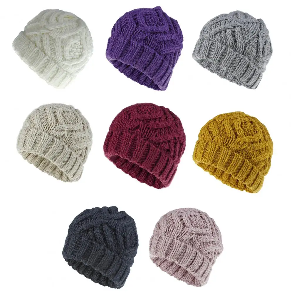 

Women Autumn Winter Solid Color Woolen Yarn Soft Warm Beanie Hat Knitting Cap
