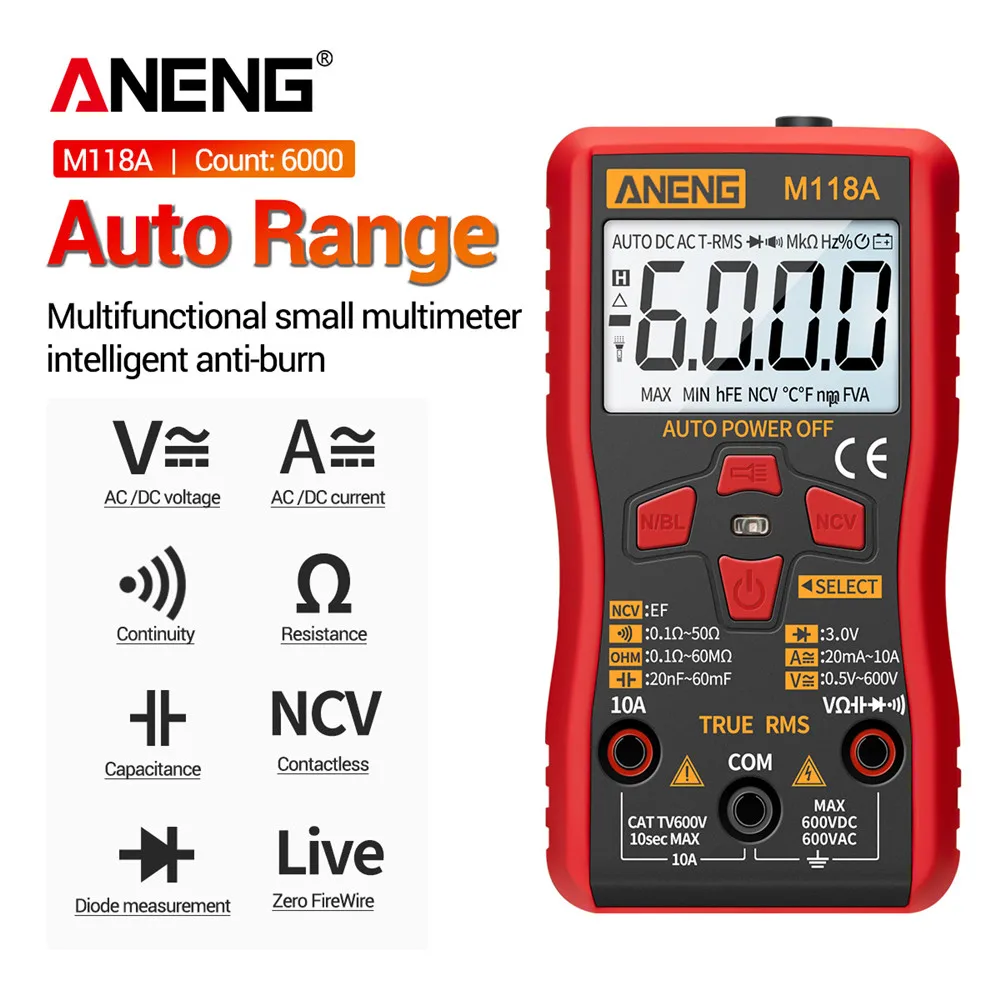 

M118A Mini Digital Multimeter Smart Tester Auto Mmultimetro True Rms Tranistor Meter with NCV Data Hold 6000counts Flashlight