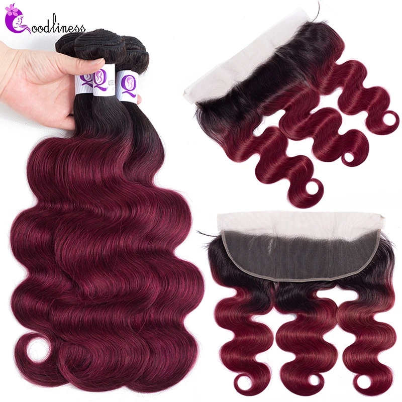1b 99J бразильские волнистые пучки бордового цвета с фронтальным Омбре блонд пряди