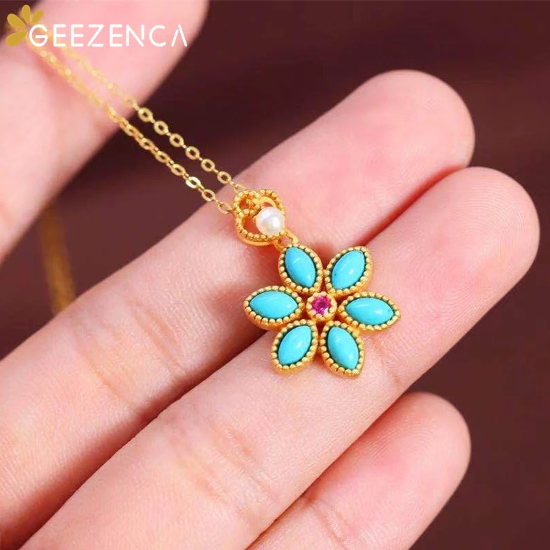 

925 Sterling Silver Turquoise Gold Plated Pendant Necklace For Women Fine Jewelry Classic Trendy Necklaces Party Christmas Gift