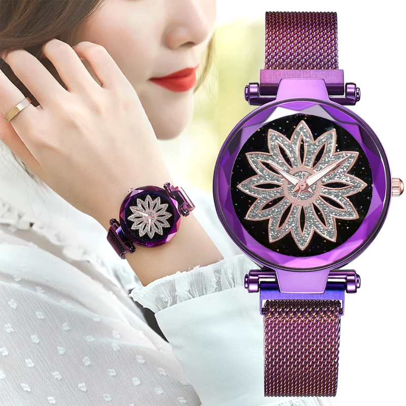 

Montre Femme Personality Romantic Starry Sky Women Magnet Buckle Watches Fashion Ladies Rhinestone Flower Mesh Band Quartz Watch