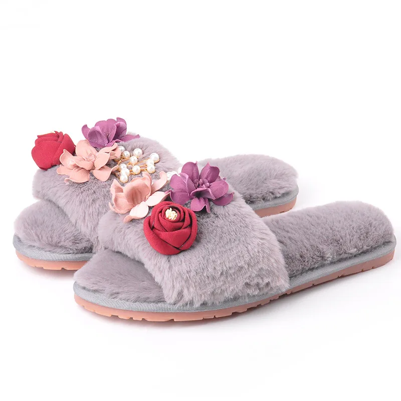 Winter Flower indoor home plush slippers women pearls applique flip flops pantuflas cozy soft velvet shoes warm fur slides mules | Обувь
