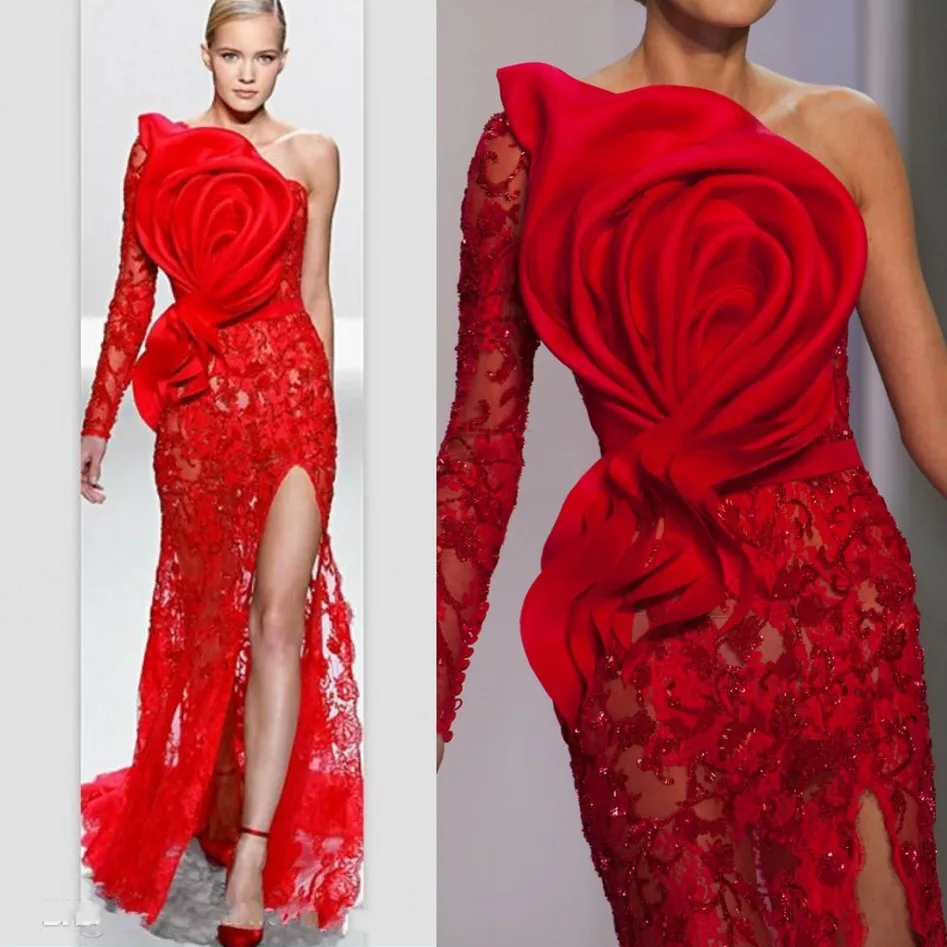 Подиум длинное Русалка кружевное вечернее платье на одно плечо robe de soiree вечерние платья с цветком и складками - Цвет: picture color