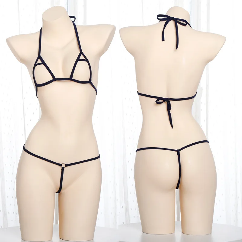 Women Micro Thongs G Strings Erotic Set Underwear Sleepwear Hollow Out Open Cup Bra Thong Crotchless Panties Bodysuit Halter Top |