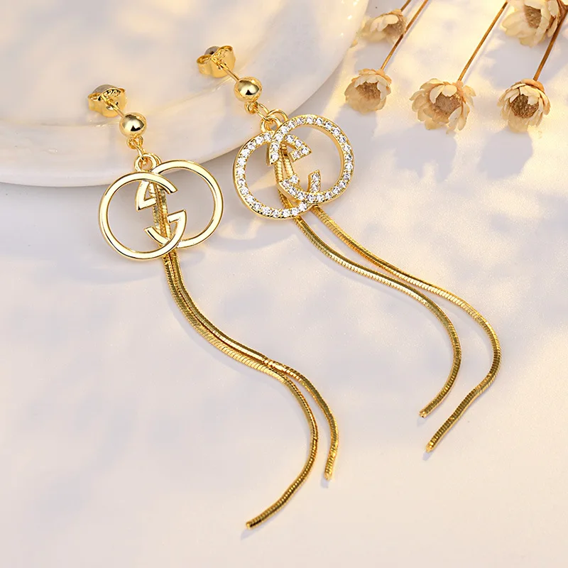 

925 Sterling Silver Ear Needle Korean Exquisite Letter Stud Earrings Simple Long Tassel Pave Crystal Women's Fashion Earrings