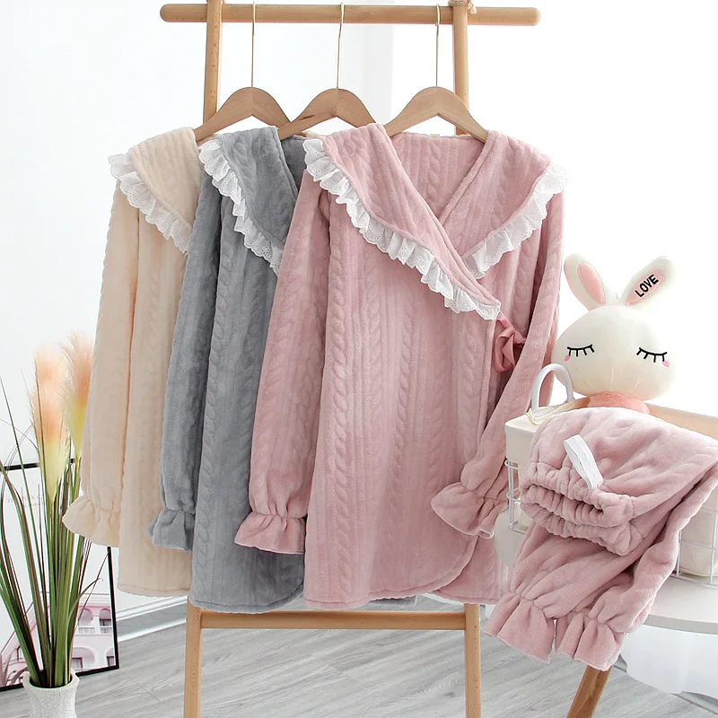 

Autumn Winter Pajamas Flannel V Neck Ruffle Warm Homewear Clothes Long Pants