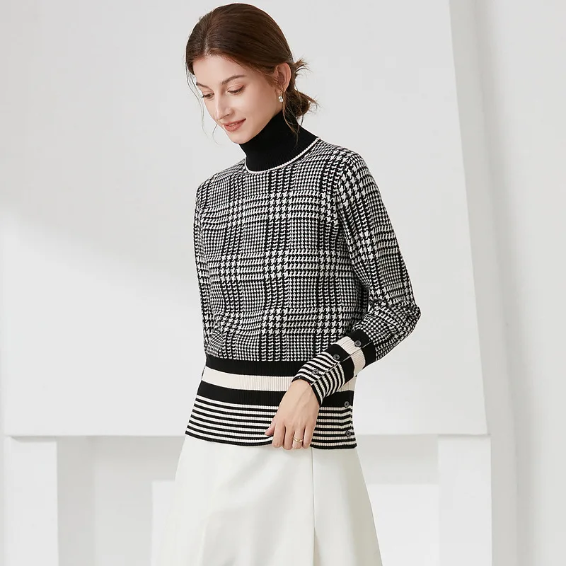 

Women's Turtleneck Long Sleeve Sweater Knitted Black Plaid Casual Female 2021 Autumn Winter Jumper Elegant Ladies Pullover Tops