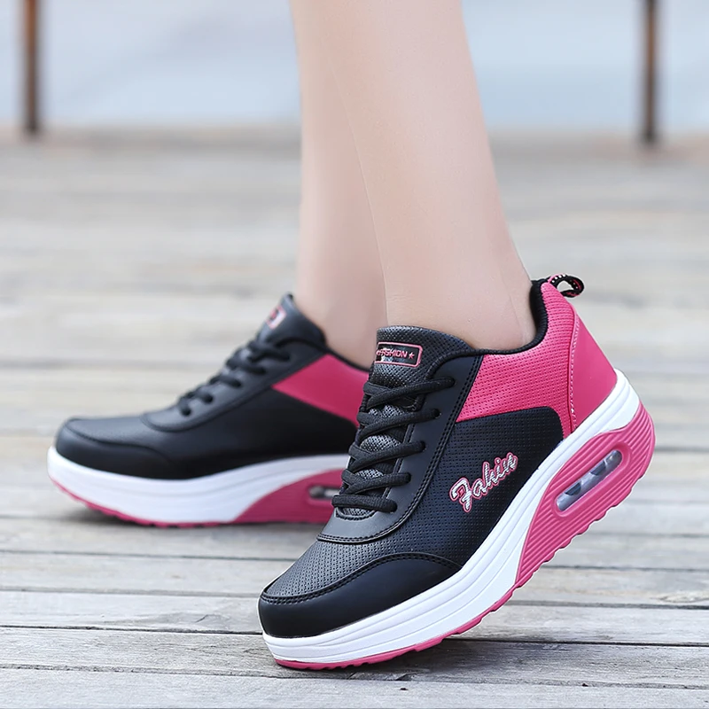 Height Increasing Leather Sneakers for Women Air Cushion Sport Shoes Outdoor Gym Shoes Rocking Shoes Trainers Platforms Autumn