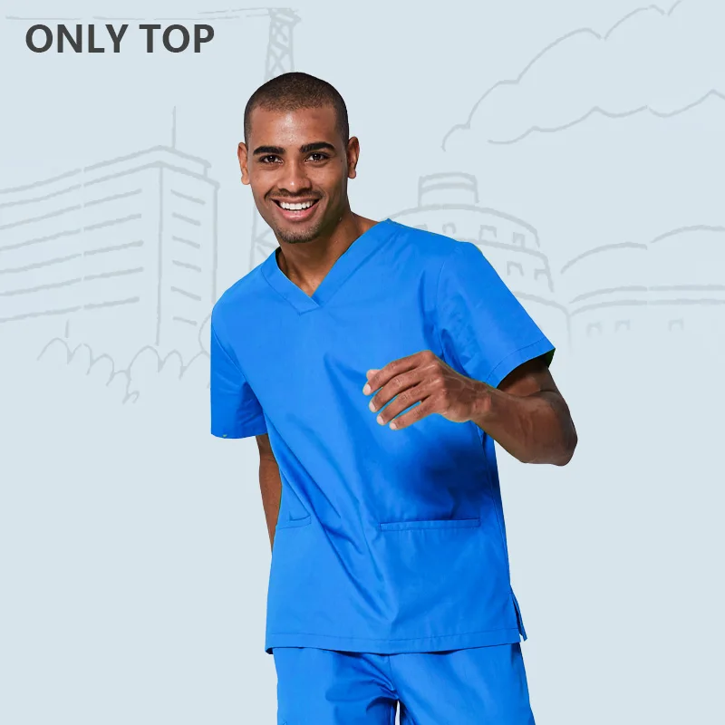 Scrub Top BLUE Женский мужской костюм для скраба медицинский Спа-Униформа больница или рабочая одежда поплин удобный доктор-дантист рабочие костюмы топ и брюки - Цвет: Scrub Top BLUE