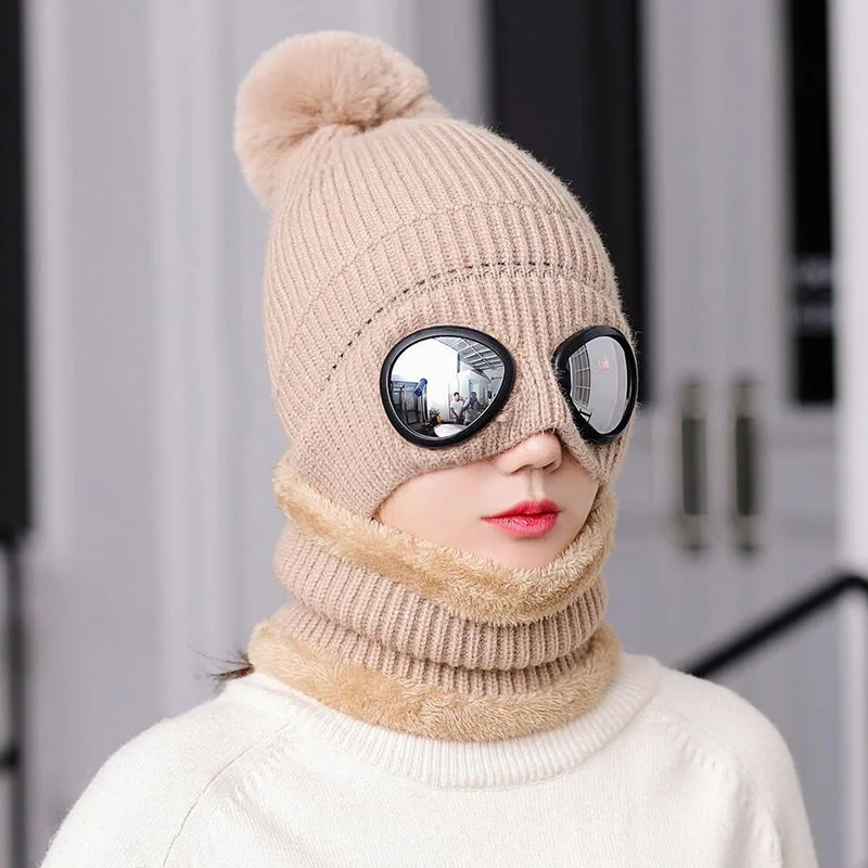 RUHAO зимняя вязаная шапка теплая шапочки Skullies Лыжная Шапка со Съемные очки для женщин и мужчин Кепка для занятий спортом на открытом воздухе