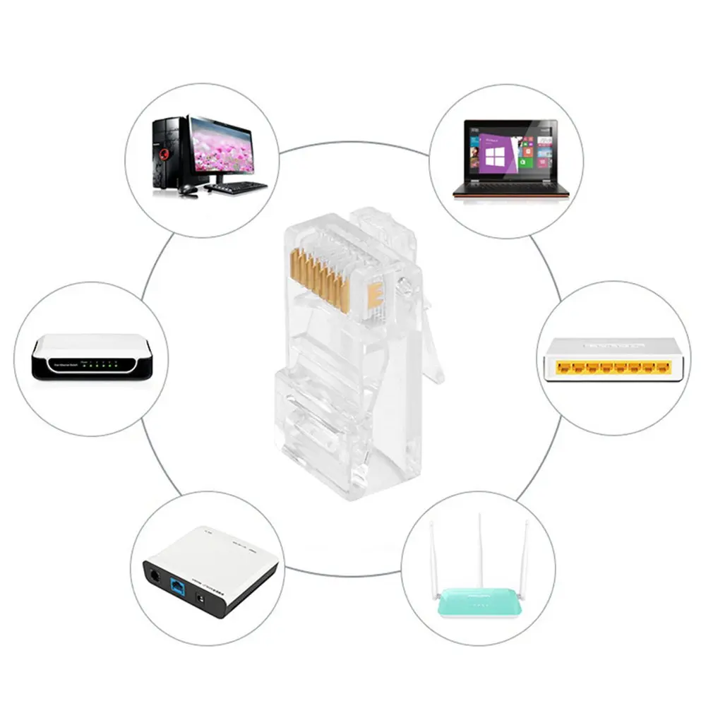 

50PCS Cable Terminal Crystal Head RJ45 CAT5 CAT5E Modular Plug Gold Plated Network Connector Transparent Head 20 Pcs Stock